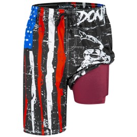 PAUFOGA Mens Swim Trunks with Compression Liner, USA Flag Mens Bathing Suit Swimming Trunks 9 Inch Inseam Board Shorts Men's Swimwear, 4 Way Stretch Beach Shorts Quick Dry Swimsuits, XXL