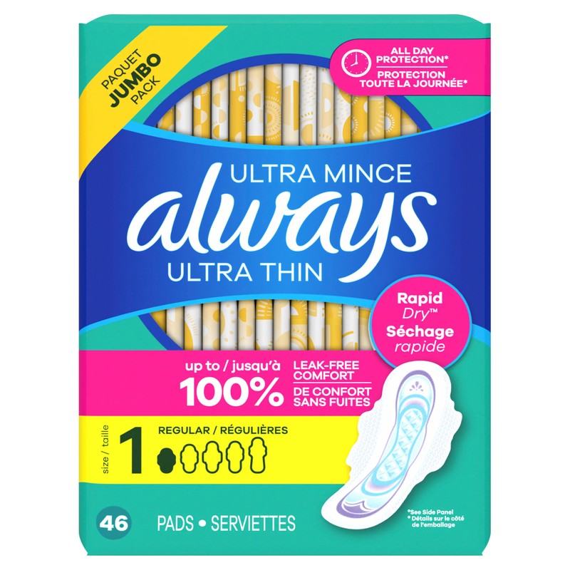 Always Ultra Thin Pads with Wings, Size 1, Regular, 46