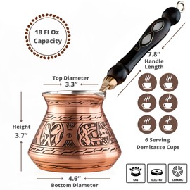 BCS 18 Oz X-Large Copper Turkish Greek Arabic Coffee Pot with Wooden Handle (6 servings) Cezve Ibrik Briki Stovetop Coffee Maker (Includes Wooden Spoon)
