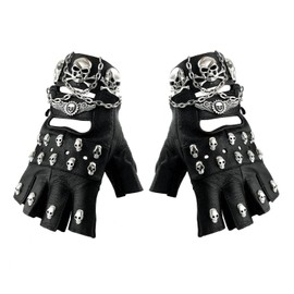 xtom2013 Skulls Men Women Uniesex Leather Gloves Metal Chain Cosplay Goth Fingerless Gloves (gloves with bracelt)