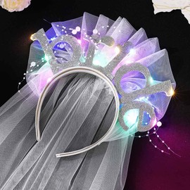 JEAIRTS Light Up Bride Headband White Pearl Bridal Headpiece Led Bachelorette Party Veil Glowing Hair Accessories for Women(1-Silver)
