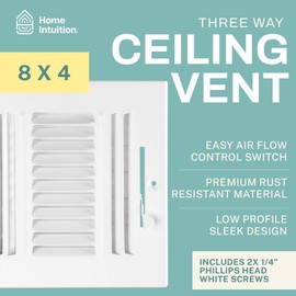 Home Intuition Ceiling Register - Air Vent Covers for Home Ceiling or Wall - 8X4 Inch (Duct Opening) 3-Way White Grille Register Cover with Adjustable Damper for HVAC Heat and Cold Air Conditioner