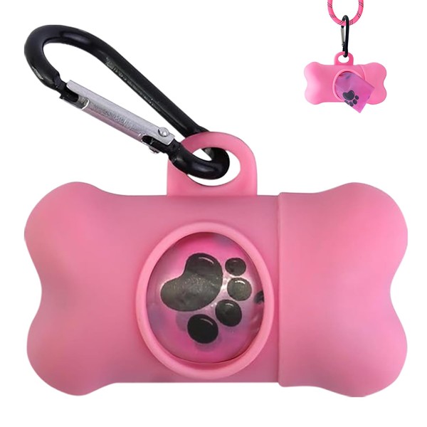 Dog Poop Bags Dispenser with Carabiner Clip, Doggy Poop Bag Holders for Leashes Include 1 Roll (15 Bags) Leak-Proof Large Lavender Scented Doggie Pet Waste Bags, Dog Accessories Girl, Pink