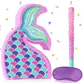 Mermaid Pinata - Under The Sea Birthday Party Supplies for Girls, Mermaid Tail Pinata Bundle with Blindfold Bat and Stick, Indoor Outdoor Party Game, Hanging Decorations and Centerpieces for Tables