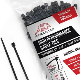 11-inch Black Zip Ties Heavy Duty UV Resistant Nylon Cable Ties, 50lb Tensile Strength, 100-Pack - Durable Wire Ties, Heavy Duty Tie Straps Indoor and Outdoor Cable Management Solution by ARMOUR TIES