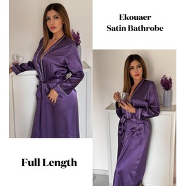 Ekouaer Silk Robes for Women Long Sleeve Satin Bathrobe Soft Lightweight Full Length Sleepwear with Pockets Bridesmaid Wedding Party Robes, Deep Purple S