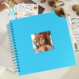 Artmag 8 x 8 Inch DIY Scrapbook Album with Window Hardcover Kraft Blank Paper Scrap Book with 20 Sheets Photo Album for Guest Book, Family Wedding Anniversary (Blue)
