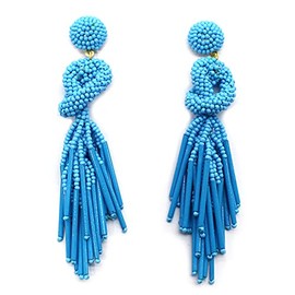 Handmade Beaded Solid Color Post Statement Earrings for Women All Season 4 inch Long (Light Blue)