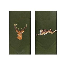 Two 40cm Square cotton embroidered green handkerchiefs with a stag head on one and a running hare on the other