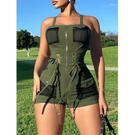 Women's Sexy V Neck Rompers Army Green Shorts Strapped Zipper Front Jumpsuit with Pockets (0060, AG, M)