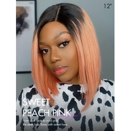 LUVME 12 Inch Bob Wig - Human Hair Light Pink Wig with Dark Roots - Glueless, Pre Plucked, Pre Cut 4x4 Bob Lace Front Wig