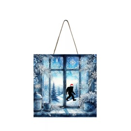 Twisted R Design Bigfoot Outside Blue Christmas Window Sign Christmas Ornament, Wood Mini Sign