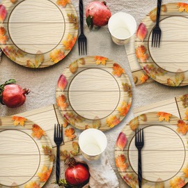 EggSun Fall Thanksgiving Plates and Napkins Party Supplies for Dinner Party Disposable Tableware Set Decorations Favors with Maple Leaves Dinner Desert Paltes Napkins Cups Forks, Serves 24