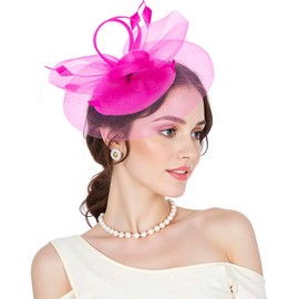 Fascinators Kentucky Derby Hats for Women 2025 Tea Party Hat with Feather Hair Clip Headwear for Wedding Church Hat Hot Pink One Size