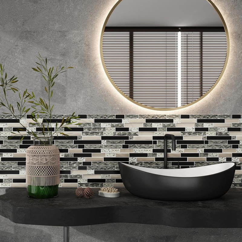 5-Sheet Glass Backsplash Tiles, 5 Square Feet Black Glass Mosaic