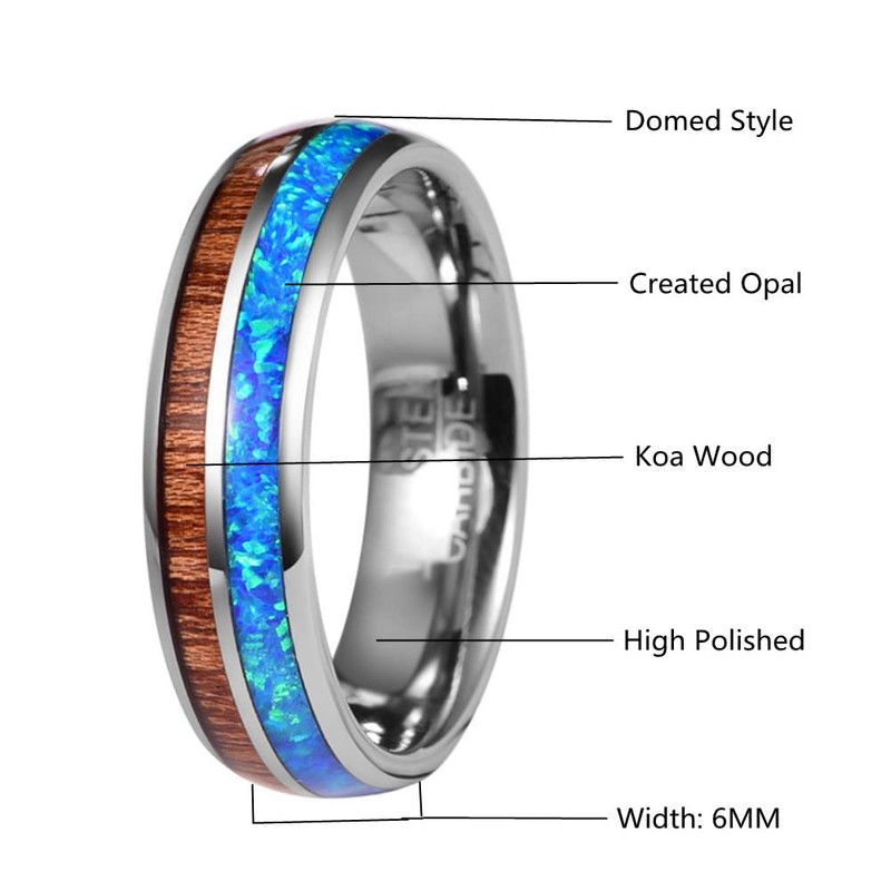 Corato Blue Opal Tungsten Wedding Band Domed 6MM Hawaiian Wood