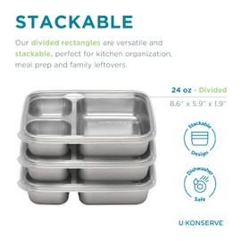 U Konserve Stainless Steel Rectangle Divided 3 Section Food Storage Bento Box Container, Leak Proof Silicone Lid Dishwasher Safe - Plastic Free, (24oz Clear)