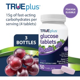 TRUEplus Glucose Tablets, Chewable, Grape Flavor, 15g Fast-Acting Carbohydrates, Fat Free, Gluten Free, Boost Energy, 50 Count, 3 Bottles