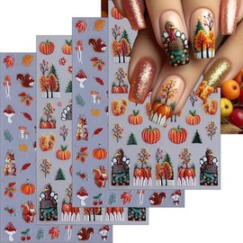 Mkwntg 4Sheet Thanksgiving Nail Stickers 5D Embossed Pumpkin Kangaroo Nail Art Stickers Cute Turkey Fall Mushroom Cherry Nail Decals Self-Adhesive Autumn Maple Ginkgo Leaves Nail Supplies for Women