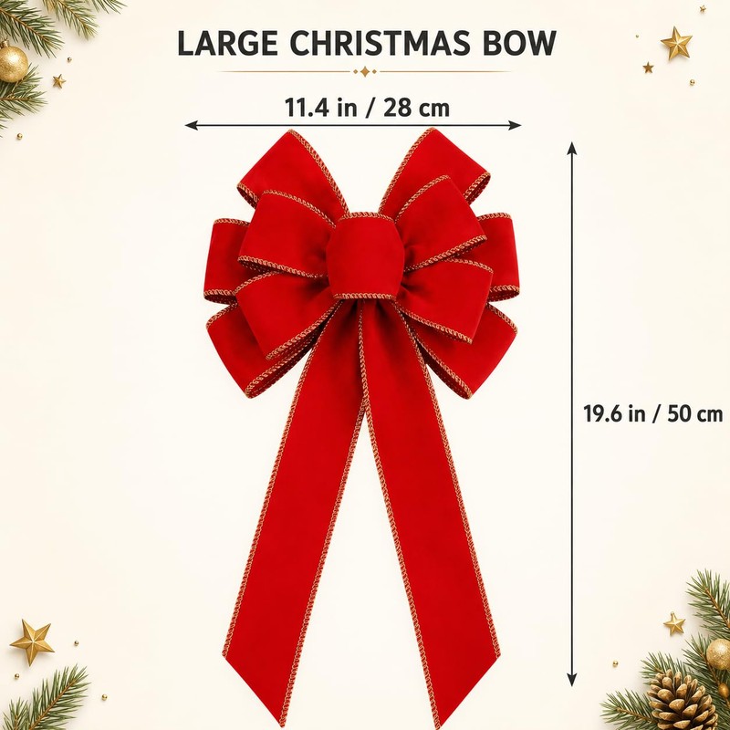 Large Red Velvet Christmas Bows with Gold Edge, 11.4 x