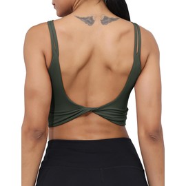 LUYAA Padded Sports Bra for Women Backless Workout Crop Athletic Tops with Built in Bra Strappy Sports Bra Long Line Dark Green XL
