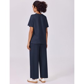 PINSPARK Track Suits for Women Lightweight Short Sleeve Travel Outfits Side Slit 2 Piece Sets Airport Vacation Casual Matching Set 2025,Navy Blue X-Large