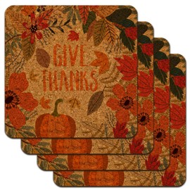Give Thanks Thanksgiving Pumpkins Low Profile Novelty Cork Coaster Set