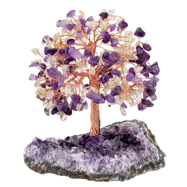 TUMBEELLUWA Natural Crystal Chips Money Tree for Good Luck and Wealth Handmade Stones Figurine Bonsai Tree with Natural Amethyst Cluster Base, Amethyst+Citrine