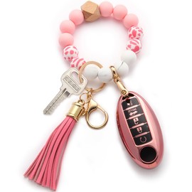 QfungYe for Nissan Wristlet key fob cover case with keychain,Soft TPU key Shell, fit Altima Maxima Rogue Armada Pathfinder ect (Pink)