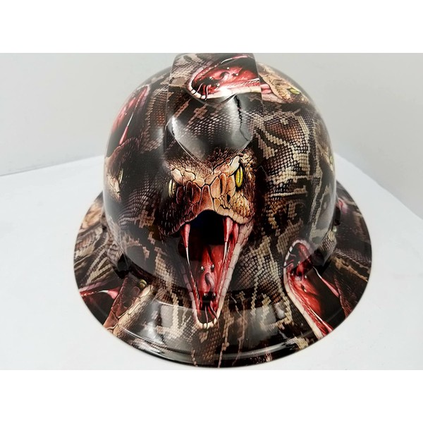 Wet Works Imaging Customized Pyramex Full Brim Snake BITE Pit Viper Hard HAT with Ratcheting Suspension Custom LIDS Crazy Sick Construction PPE