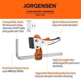 Jorgensen 6-5/8" Ratcheting Table Clamps, Quick Release Track Saw Clamps, Guide Rail Clamp for MFT Table and Guide Rail System, 2-7/8" Throat Depth, 400lbs Load Limit, 2 Pack