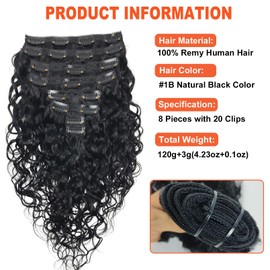 Doren Deep Curly Clip In Human Hair Extensions for Women 8Pcs 20Clips 120g Brazilian Remy Hair Water Wave Clip Ins Natural Black 14 Inches