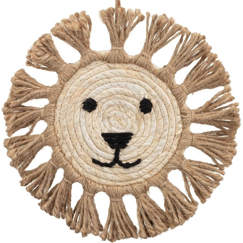 Natural Hanging Cartoon Lion Face Plaque 25cm Macrame Wall Nursery