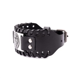 HAQUIL Pagan Bracelet for Men, Triple Moon Goddess Pentagram Tree of Life Talisman, Wiccan Wide Black Leather Wristband