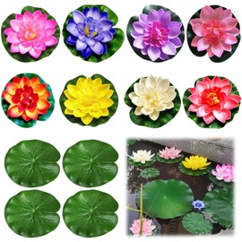 CUVZORA 12 Stück Realistischen Künstliche Lotusblumen und Lotusblättern, Schwimmende Seerose Klein,8 Farben künstlich Seerosen Deko, Ideal für Aquarium, Garten, Teichdeko und Brunnen Deko Draußen