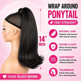 Wrap Around Ponytail Extension for Black Women 14 Inch Yaki Straight Ponytail Natural Looking Synthetic Hairpiece with Soft Flipped Ends for Daily Wear (Soft Black #2)