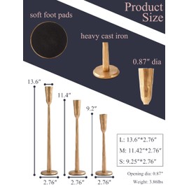 Ganwu Brass Iron Taper Candle Holder Set of 3, Heavy Wrought Iron Candlestick Holders Decorative Candle Stand, Vintage Candle Holder for Wedding, Dining, Home Decoration