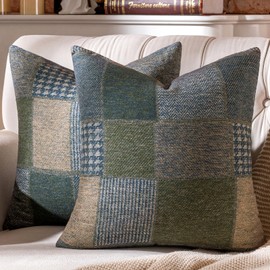 AmHoo Set of 2 Throw Pillow Covers Woolen Patchwork Checkered Farmhouse Decorative Square Pillows Cover Pillowcase for Sofa Couch Bed 18 x 18-Inch Blue