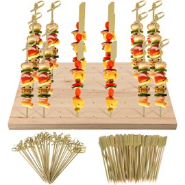 Wooden Food Skewer Holder Pick Stand and 200 Pcs Cocktail Picks Paddle Bamboo Toothpicks for Appetizer Skewers 45 Holes Rectangular Pick Stand for Catering Supplies Events Parties, 11.42''x 7.87''