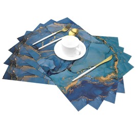 Blue Gold Marble Faux Leather Placemats Set of 4 Washable Non-Slip Heat Resistant 12×18 Inchdecorative Linen Fabric Table Vintage Mat for Party Kitchen Dining