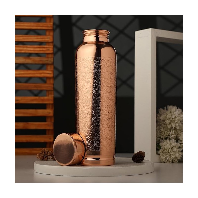 ANCIENTIMPEX Pure Copper Water Bottle Etching Pattern Jointless 900 Ml