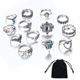 DHWEKU 13 Piece Crystal Boho Ring Silver Rings Set Finger Rings Fashion Crown Ankle Ring for Women and Girls