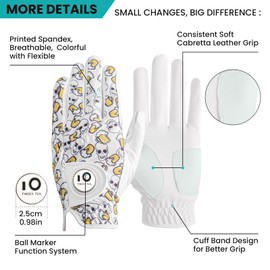 FINGER TEN Golf Gloves Men Left Hand Right with Ball Marker Cabretta Leather Weathersof Rain Grip Value Pack,Mens Golf Glove Fashion Pattern Wear Resistant (White-1 Pack, ML-Worn on Left Hand)