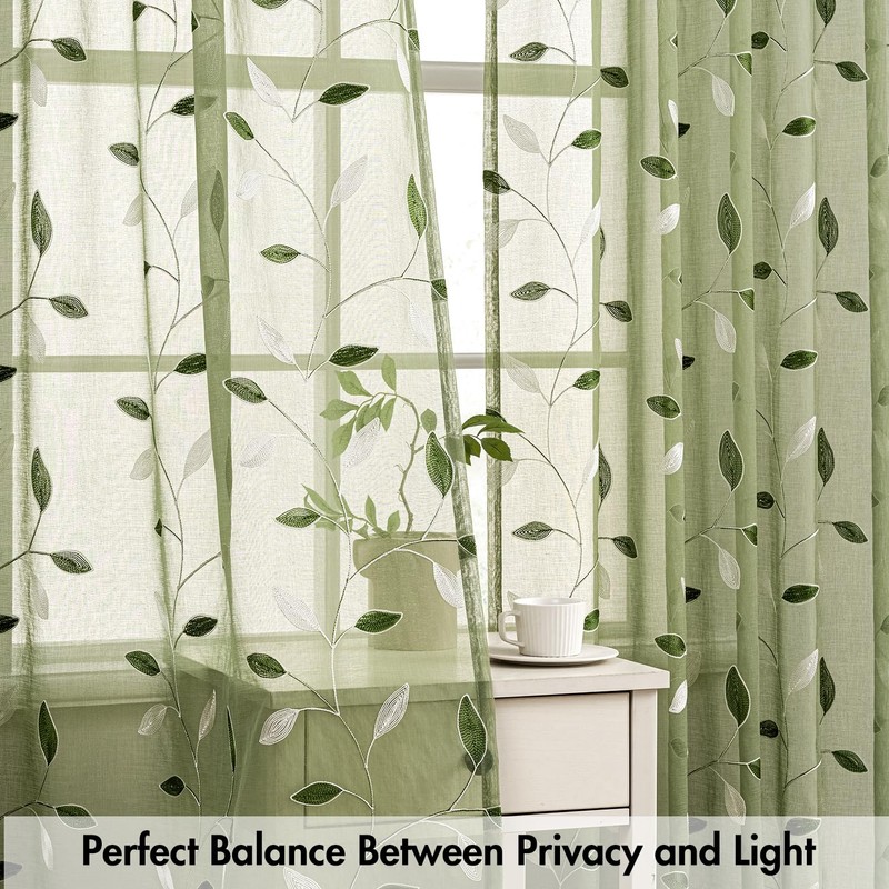 MIULEE Sage Green Sheer Curtains 2 Panels Embroidered Leaf Patterned