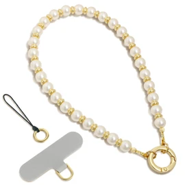 SURPHY Phone Charm, Pearl Phone Strap with Keychain & Tether Tab, Beaded Bracelets Strap for Women, Anti-Lost Wrist Lanyard Chain, Pearl Gold