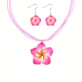 Hawaiian Flower Earrings Necklace Set Plumeria Dangle Earring Tropical Floral Necklaces Bohemia Beach Party Accessories for Women, Pink