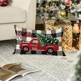 RABUSOFA Christmas Pillow Covers 12x20 Inch,Xmas Christmas Tree Decorations Throw Pillow Covers,Merry Christmas Holiday Cushion Covers,Red Truck Christmas decor for Sofa Couch Home Black and White(K)