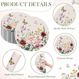 Supervitae 60 Pack Floral Paper Placemats Vintage Wild Flower Round Place Mats 13.7 Inch Flower Butterfly Disposable Placemat Tea Party Decoration for Bridal Shower Baby Shower Bridal Birthday Wedding