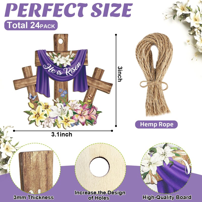 24 Pcs Wooden Easter Ornaments Decoration He is Risen Cross