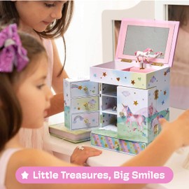 Jewelkeeper Kids Jewelry Box - Unicorn Theme - Musical Jewelry Box with Drawers - Artificial Wood Material - Includes Fancy Mirror and Twirling Figurine - Perfect for Girls